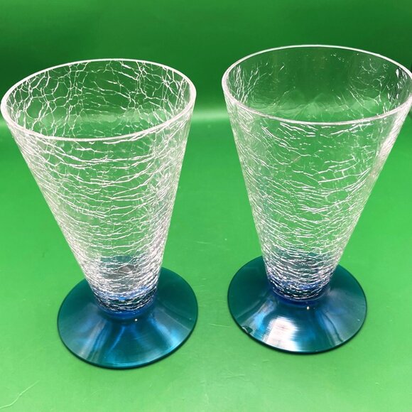 Mid Century Barware Drinking Glasses Crackle Glass Cone Shape Blue Base Set of 2 - Picture 2 of 13